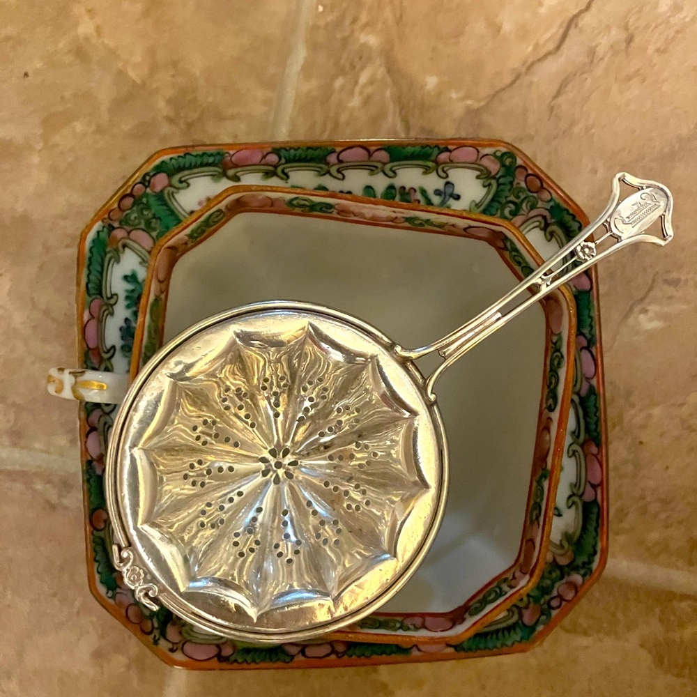 Silver Tea Strainer with Decorative Bowl